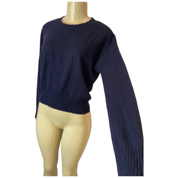Minnie Rose Cashmere Frayed Edge Cropped Crew Neck Sweater Navy Blue Sz Small - Picture 2 of 6